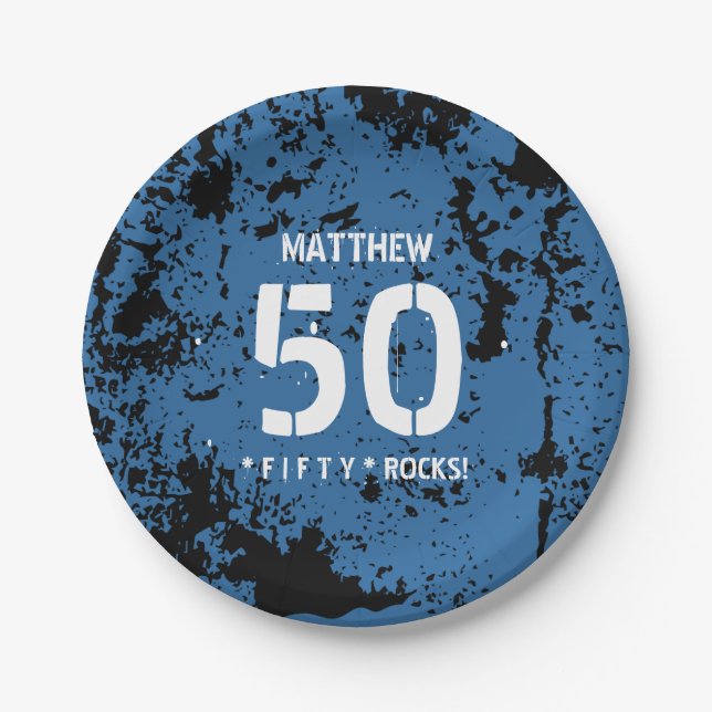 50th Birthday Fifty Rocks BLUE Grunge Pattern F50Z Paper Plate (Front)
