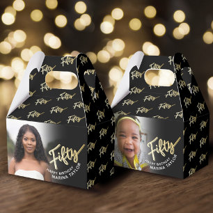 50th birthday Fifty script gold black photo Favour Box