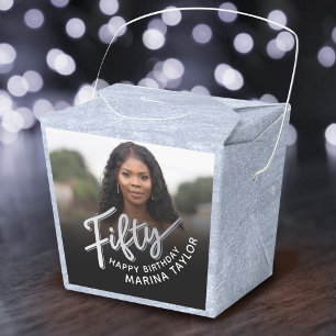 50th birthday Fifty script silver black photo  Favour Box
