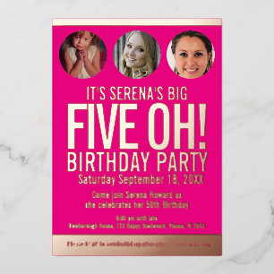 50th Birthday five oh pink gold foil photo circles