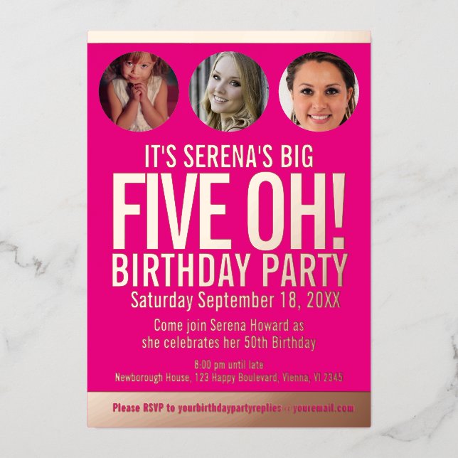 50th Birthday five oh pink gold foil photo circles (Front)