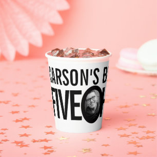 50th Birthday fiveoh custom name photo black white Paper Cups