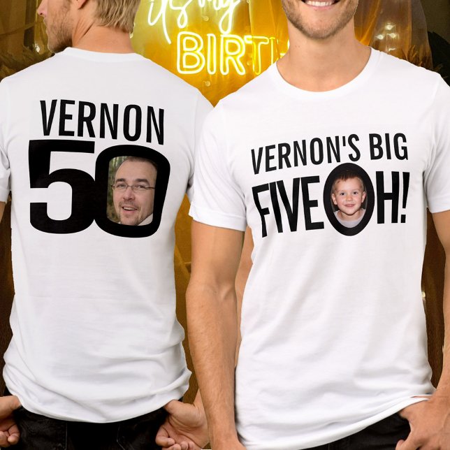 50th Birthday fiveoh custom name photo black white T-Shirt (Creator Uploaded)