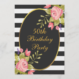 50th Birthday Floral Black White Stripes Gold Foil Invitation