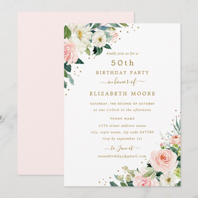50th Birthday Floral Blush Gold Invitation (Front/Back)