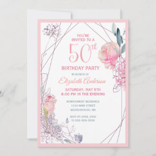 50th Birthday Floral Blush Rose Watercolor Party Invitation
