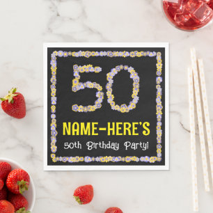 50th Birthday: Floral Flowers Number, Custom Name Napkin
