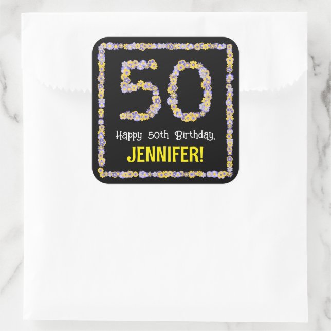 50th Birthday: Floral Flowers Number, Custom Name Square Sticker (Bag)