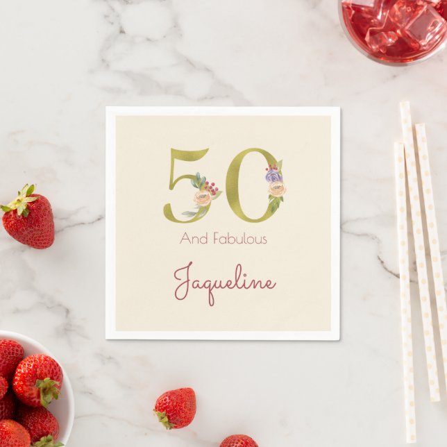 50th Birthday Floral Gold Elegant Chic Feminine Napkin (Insitu)