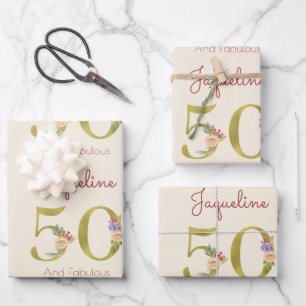 50th Birthday Floral Gold Elegant Chic Feminine Wrapping Paper Sheet