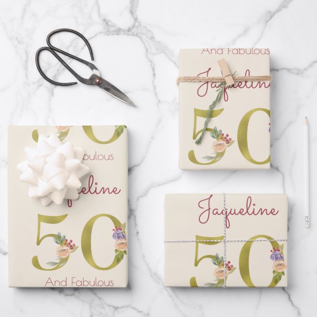 50th Birthday Floral Gold Elegant Chic Feminine Wrapping Paper Sheet (Front)