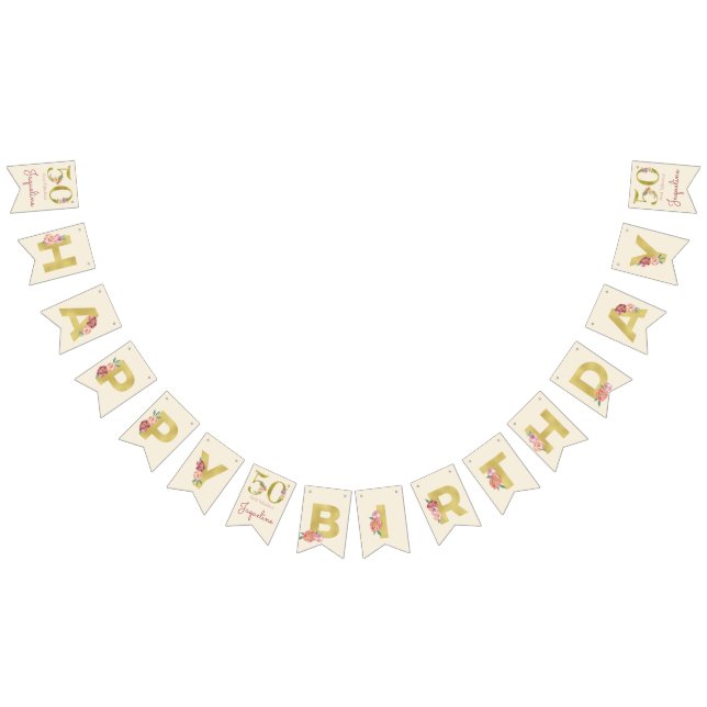 50th Birthday Floral Gold Elegant Feminine Bunting (All)