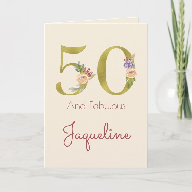 50th Birthday Floral Gold Elegant Feminine Card (Front)