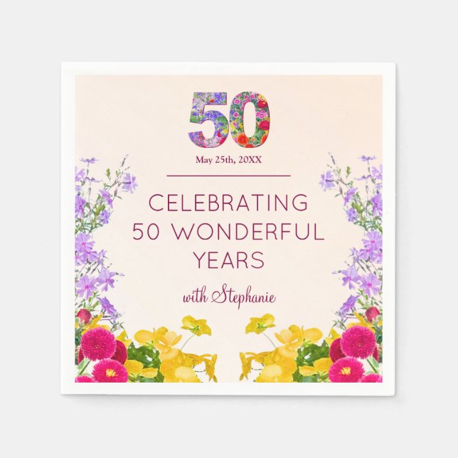 50th birthday floral modern 50 years party elegant napkin (Front)