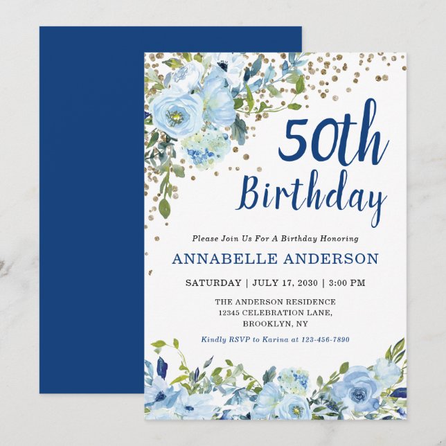 50th Birthday Floral Navy Blue Gold Glitter Dots Invitation (Front/Back)