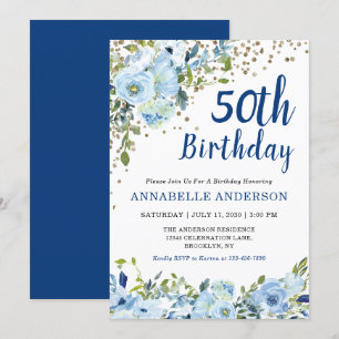 50th Birthday Floral Navy Blue Gold Glitter Dots Invitation