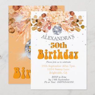 50th Birthday Floral Orange Disco Ball Invitation