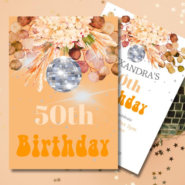 50Th Birthday Floral Orange Disco Ball  Invitation (Creator Uploaded)