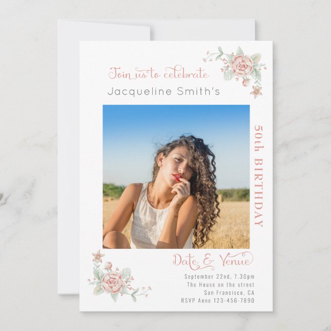 50th Birthday Floral Photo Invitation (Front)