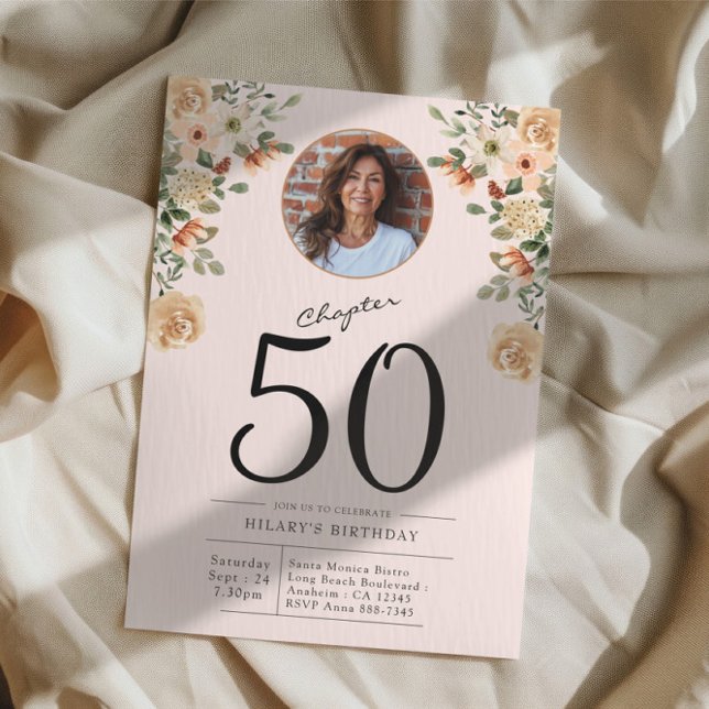 50th Birthday Floral Photo Party Invitation (Custom 50th birthday blush pink photo invitation on cloth background)