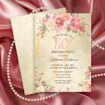 50th Birthday Floral Pink Roses Gold Shimmer Party Invitation<br><div class="desc">Invite your guests in style to a 50th birthday party with this chic floral flat card invitation. This elegant design template features watercolor roses in shades of pink and peach with green leaves on a gold shimmering background. In the centre is a large number "50th" in modern pink typography. Below...</div>