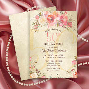 50th Birthday Floral Pink Roses Gold Shimmer Party Invitation