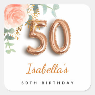 50th birthday floral rose gold eucalyptus monogram square sticker