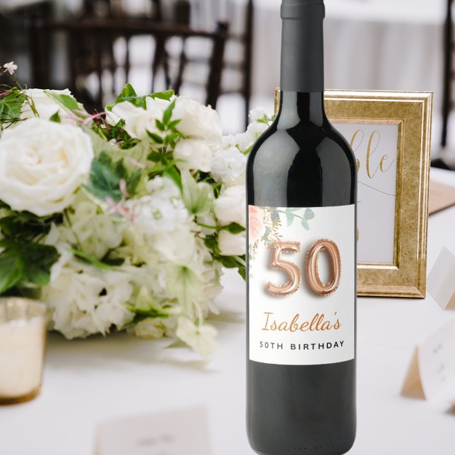 50th birthday floral rose gold eucalyptus monogram wine label (Creator Uploaded)