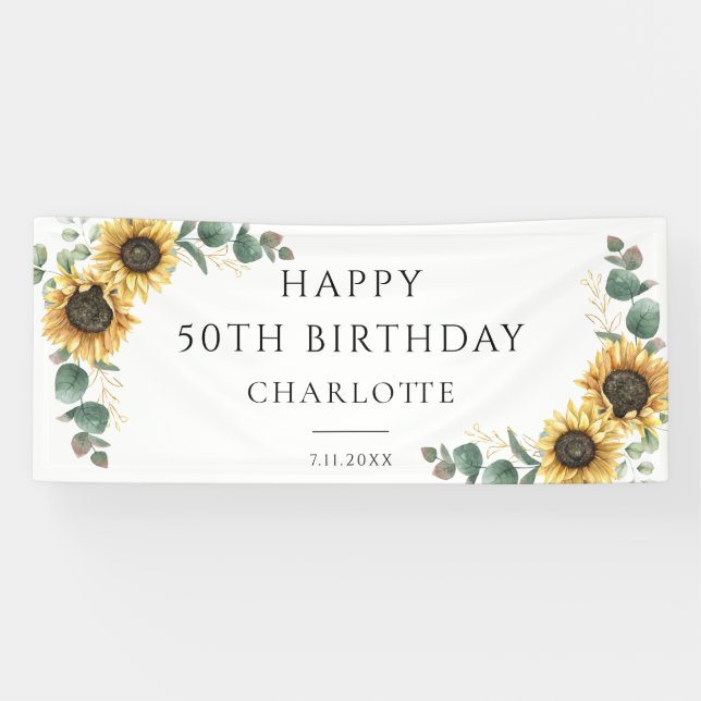  50th Birthday Floral Sunflower Eucalyptus Party Banner (Horizontal)