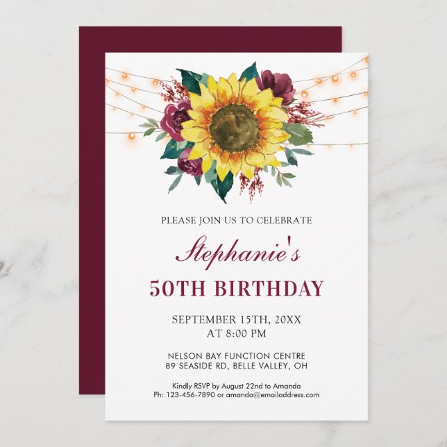 50th Birthday Floral Sunflower String Lights Party Invitation (Front/Back)