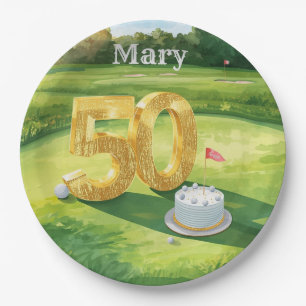 50th Birthday for golfer with golf ball and flower Paper Plate