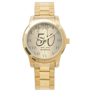 50th Birthday for Her Fifty Black Sparkle Gold  Watch