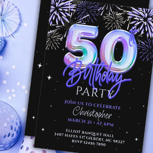 50th Birthday for Him Blue Fireworks Foil Balloon  Invitation