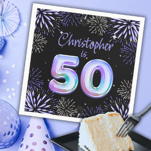 50th Birthday for Him Blue Fireworks Foil Balloon Napkin