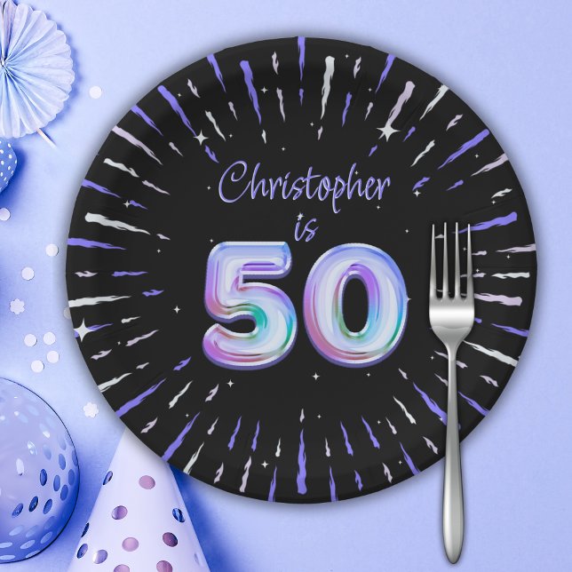 50th Birthday for Him Blue Fireworks Foil Balloon  Paper Plate (Creator Uploaded)