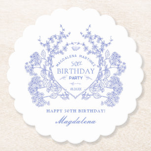 50th Birthday French Blue Floral Crest Custom Paper Coaster