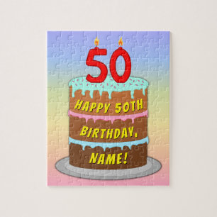 50th Birthday: Fun Cake and Candles + Custom Name Jigsaw Puzzle