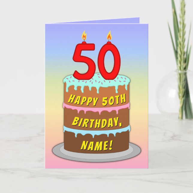 50th Birthday — Fun Cake & Candles, w/ Custom Name Card (Front)