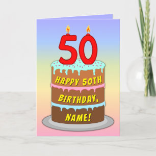 50th Birthday — Fun Cake & Candles, w/ Custom Name Card