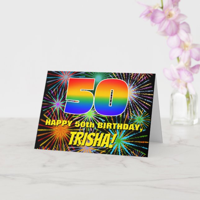 50th Birthday: Fun, Colourful Celebratory Firework Card (Orchid)