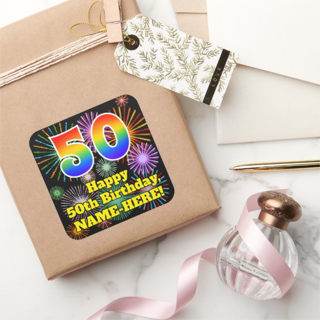 50th Birthday: Fun Fireworks Look, Rainbow # 50 Square Sticker (Gifting)