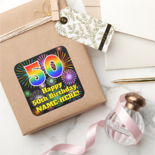 50th Birthday: Fun Fireworks Look, Rainbow # 50 Square Sticker