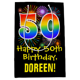 50th Birthday: Fun Fireworks Pattern + Rainbow 50 Medium Gift Bag