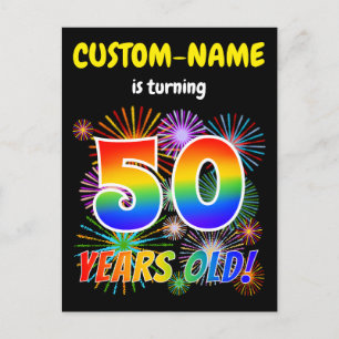 50th Birthday - Fun Fireworks, Rainbow Look "50" Postcard