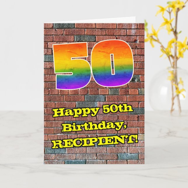 50th Birthday: Fun Graffiti-Inspired Rainbow 50 Card (Yellow Flower)