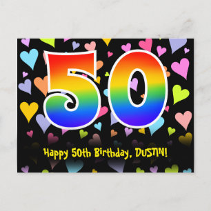 50th Birthday: Fun Hearts Pattern, Rainbow 50 Postcard
