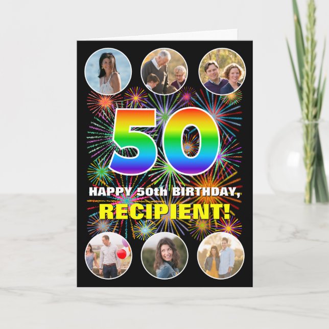 50th Birthday: Fun Rainbow #, Custom Name & Photos Card (Front)