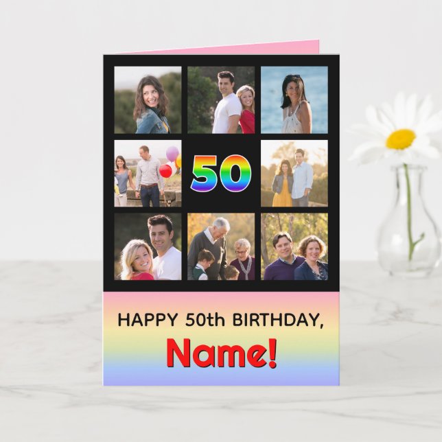 50th Birthday: Fun Rainbow #, Custom Photos + Name Card (Small Plant)