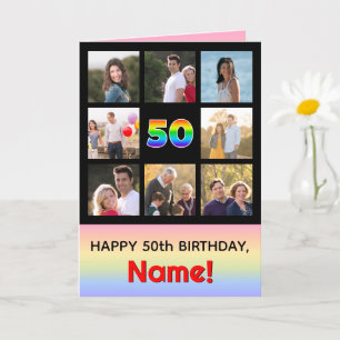 50th Birthday: Fun Rainbow #, Custom Photos + Name Card