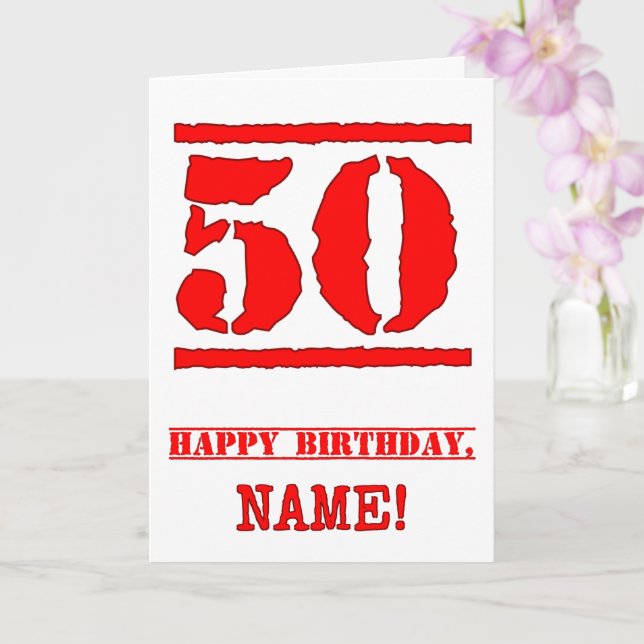 50th Birthday: Fun, Red Rubber Stamp Inspired Look Card (Orchid)